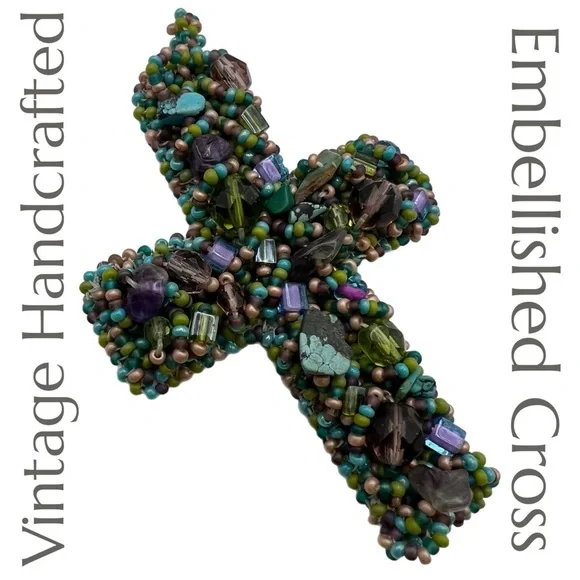 Vintage Handcrafted Beaded Embellished Cross Handmade Beads Ornamental Cross - Picture 10 of 10